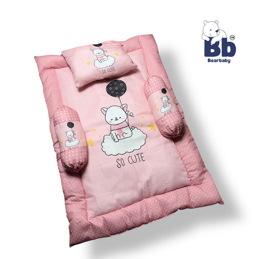 BearBaby Premium Embroidery Cotton Bedding Set | Baby Mattress with Bolster Set & Free Pillow | Soft & Washable Newborn Bedding (0β12 Months) PINK