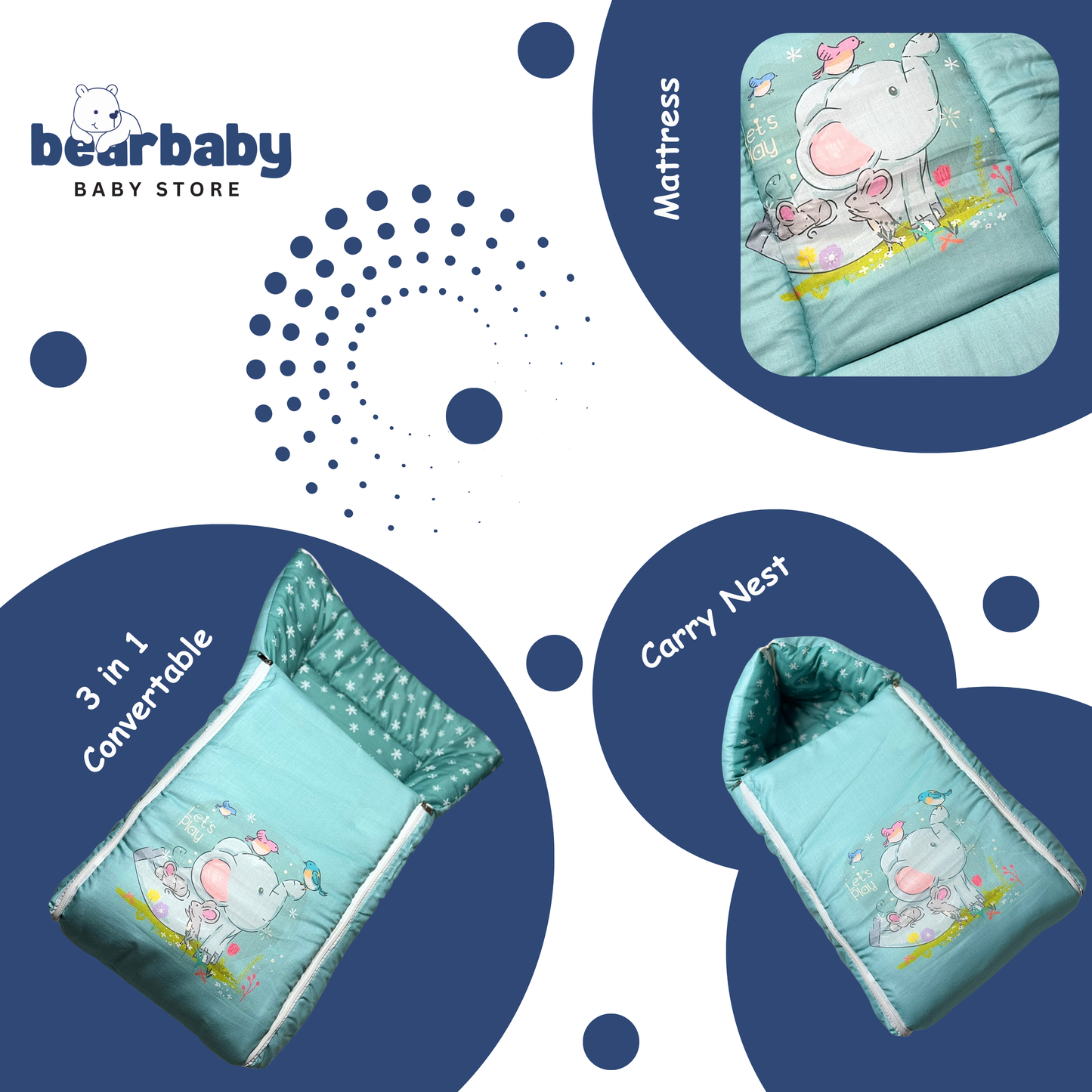 3in 1 Baby Bed Sleeping Bag & Carry Nest Infant Portable Bassinet for Baby Carrying-Elephant Print