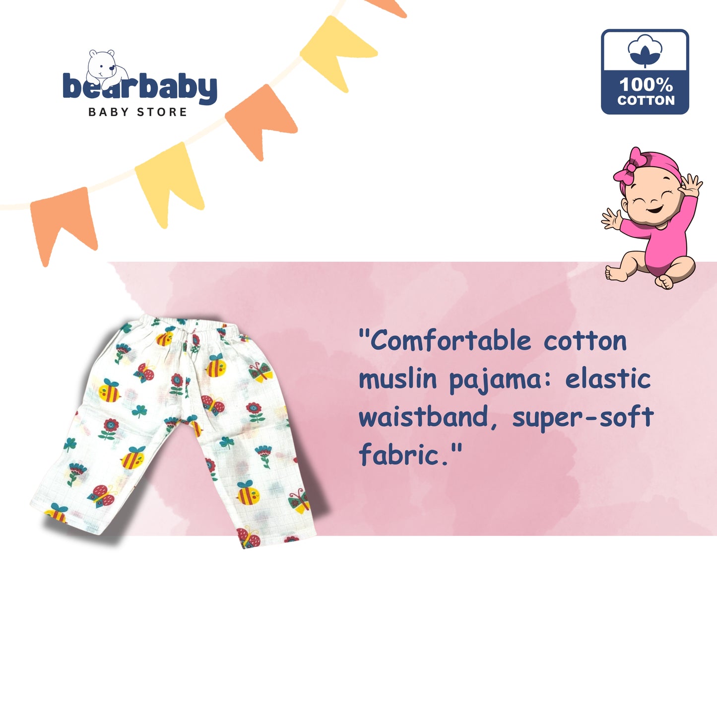 Baby Unisex Organic Cotton Muslin Full Sleeves Jhabla & Payjama Set - Size 6m-9m-Bee Print