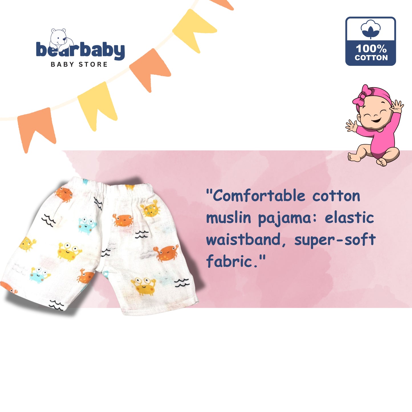Baby Unisex Organic Cotton Muslin Half Sleeves Jhabla & Payjama Set - Size 6m-9m-Crab Print