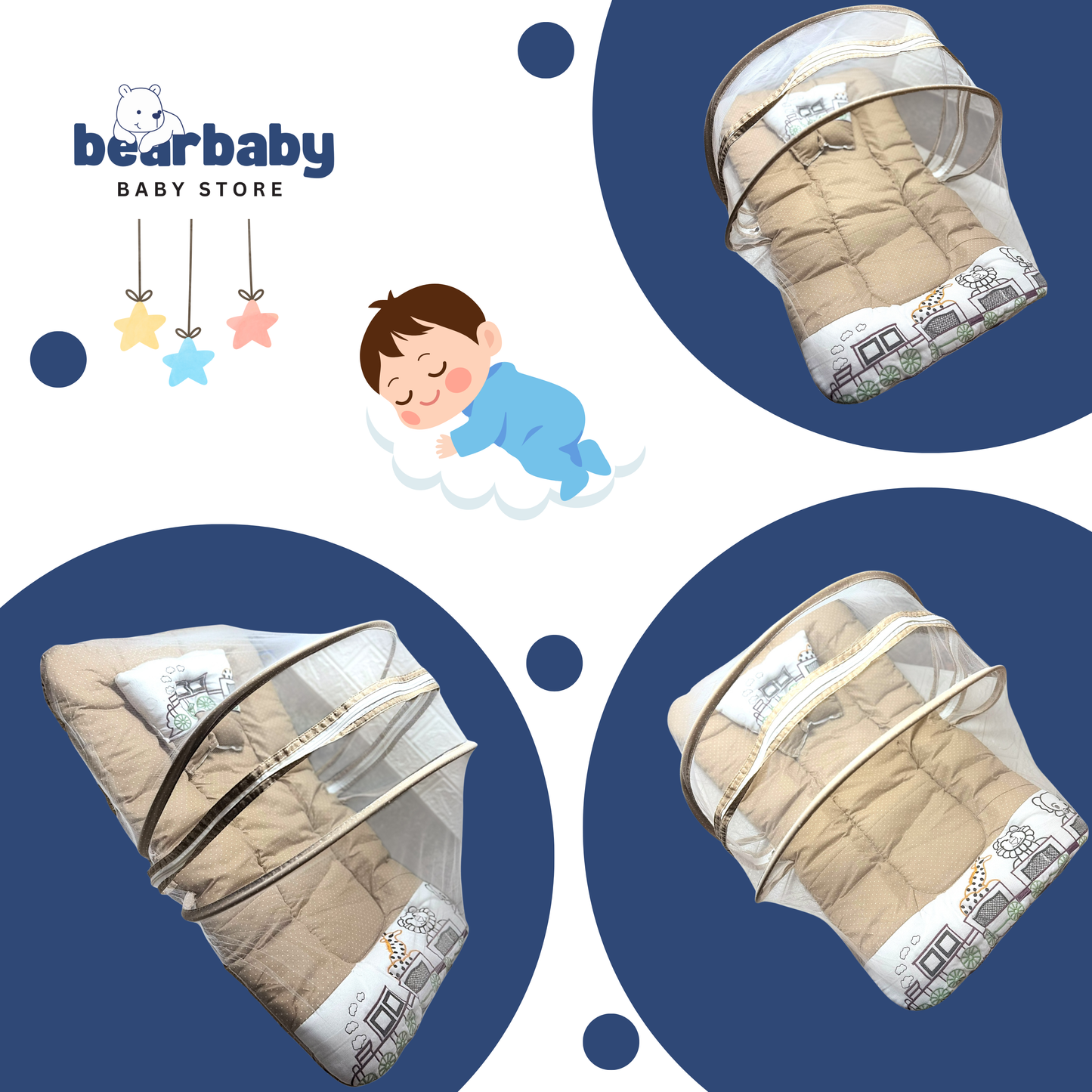Premium EmbroideryBaby Bed with Thick Mattress & Mosquito Net & Neck Pillowwith Zip Closure