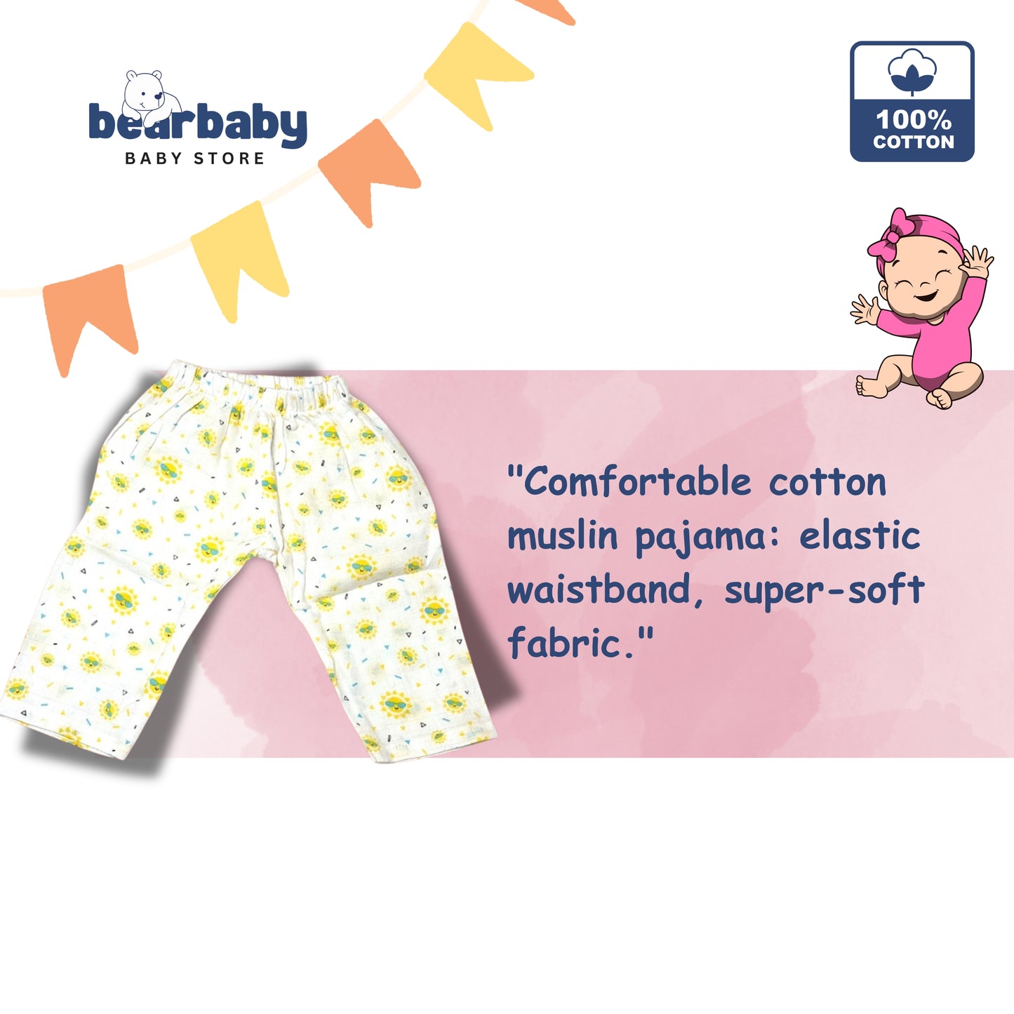 Baby Unisex Organic Cotton Muslin Full Sleeves Jhabla & Payjama Set - Size 6m-9m-Sun Print