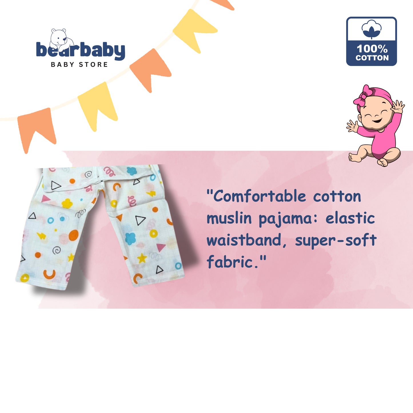 Baby Unisex Organic Cotton Muslin Full Sleeves Jhabla & Payjama Set - Size 9m-12m-Shape Pattern