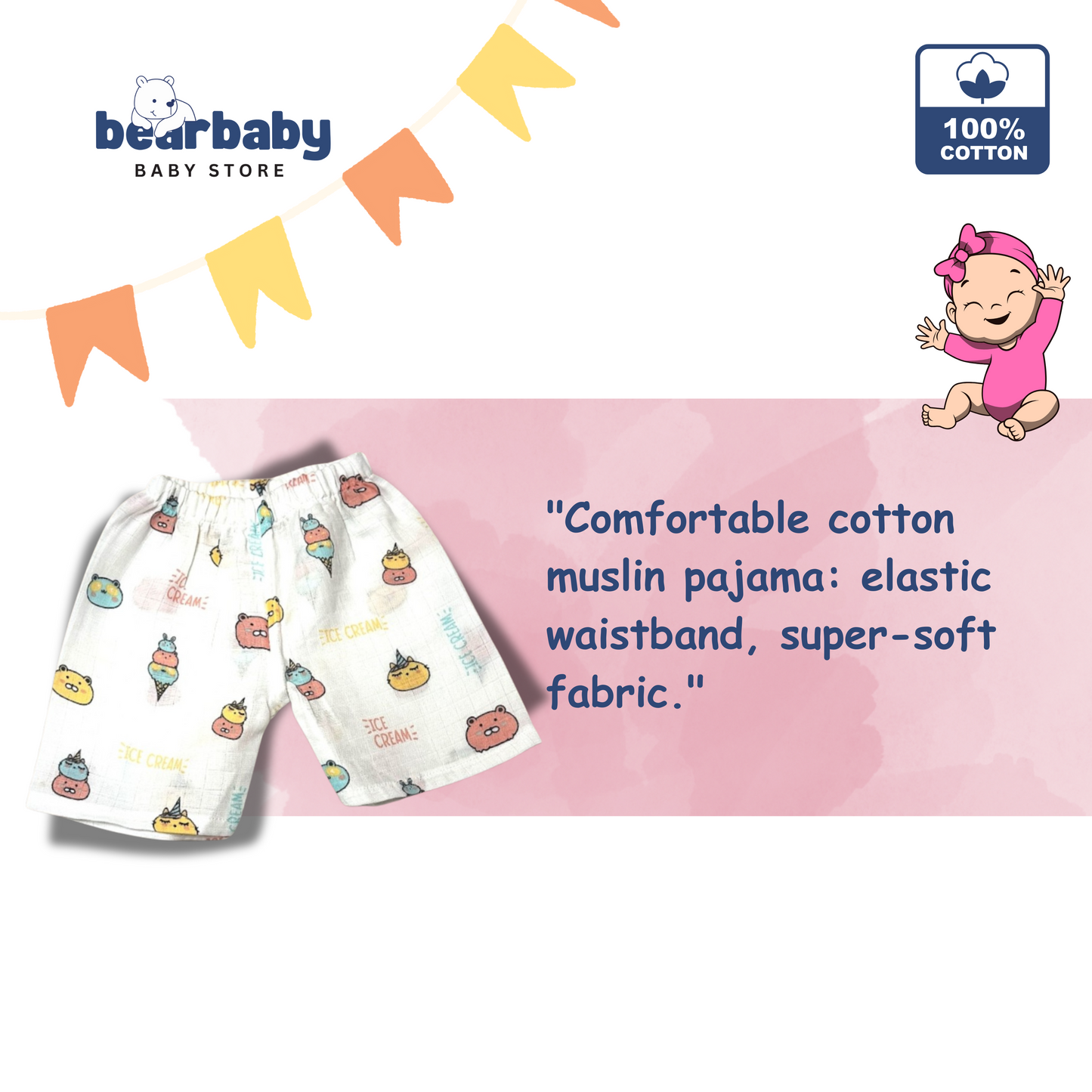 Baby Unisex Organic Cotton Muslin  Sleevless Jhabla & Payjama Set - Size 9m-12m-Ice Cream Print