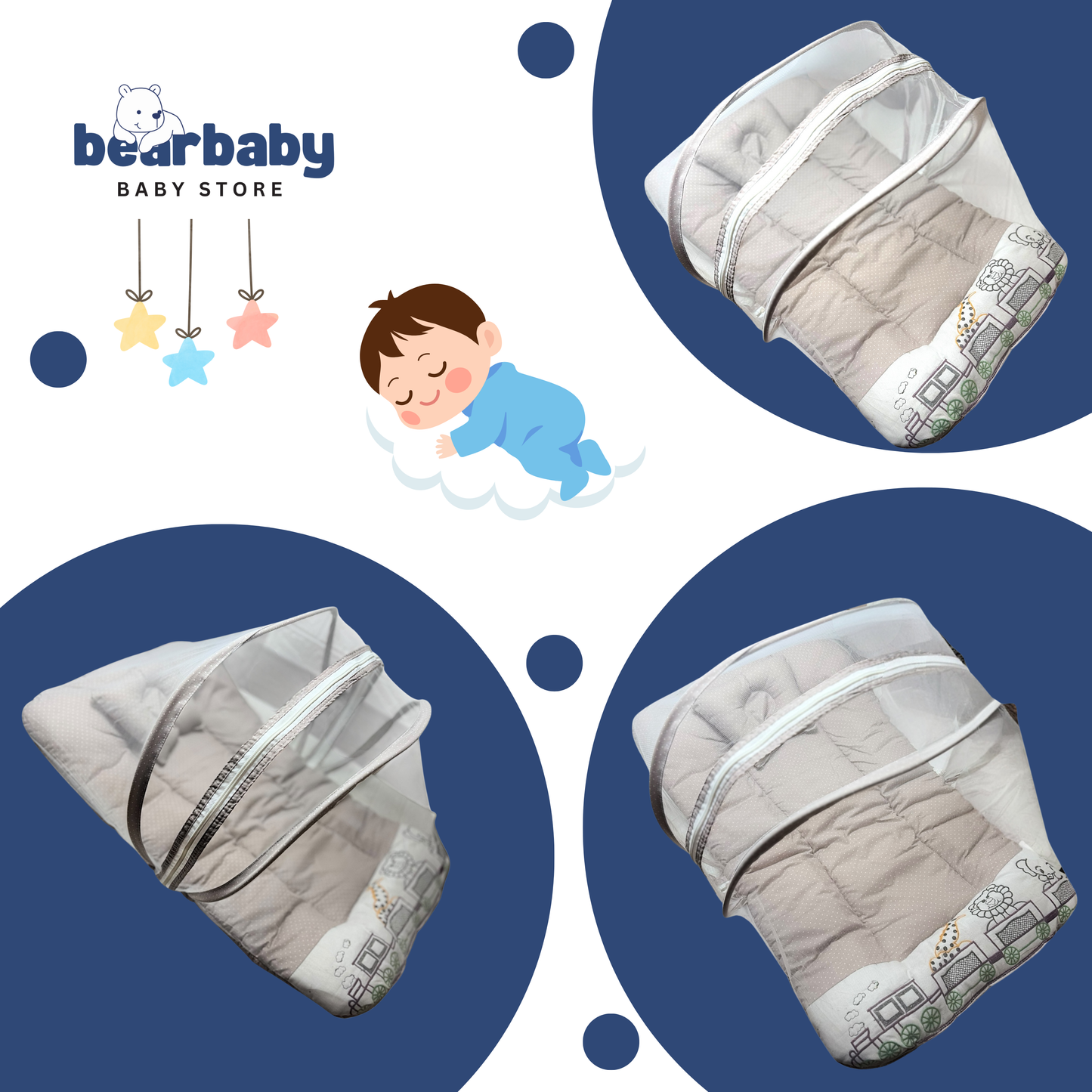 Premium EmbroideryBaby Bed with Thick Mattress & Mosquito Net & Neck Pillowwith Zip Closure