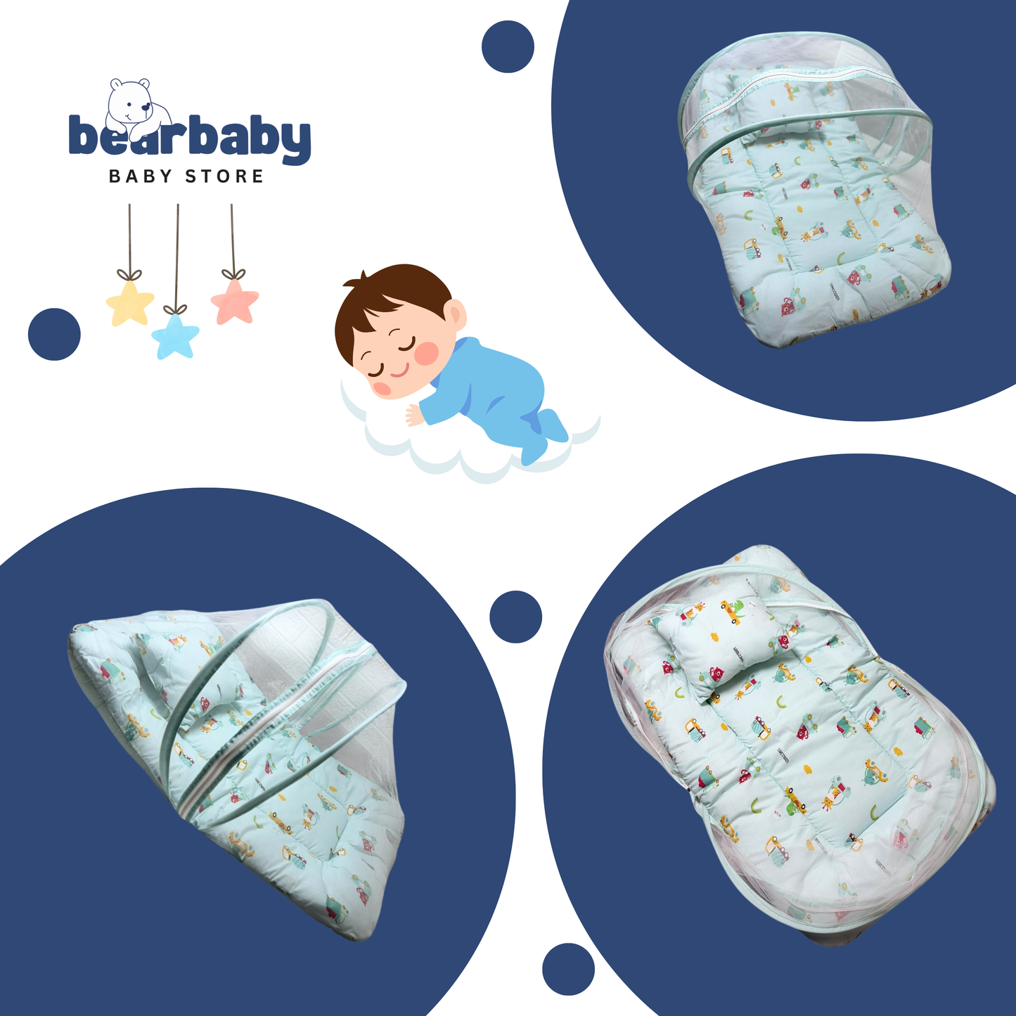 Baby Bed with Thick Mattress & Mosquito Net & Neck Pillowwith Zip Closure-Animal Print