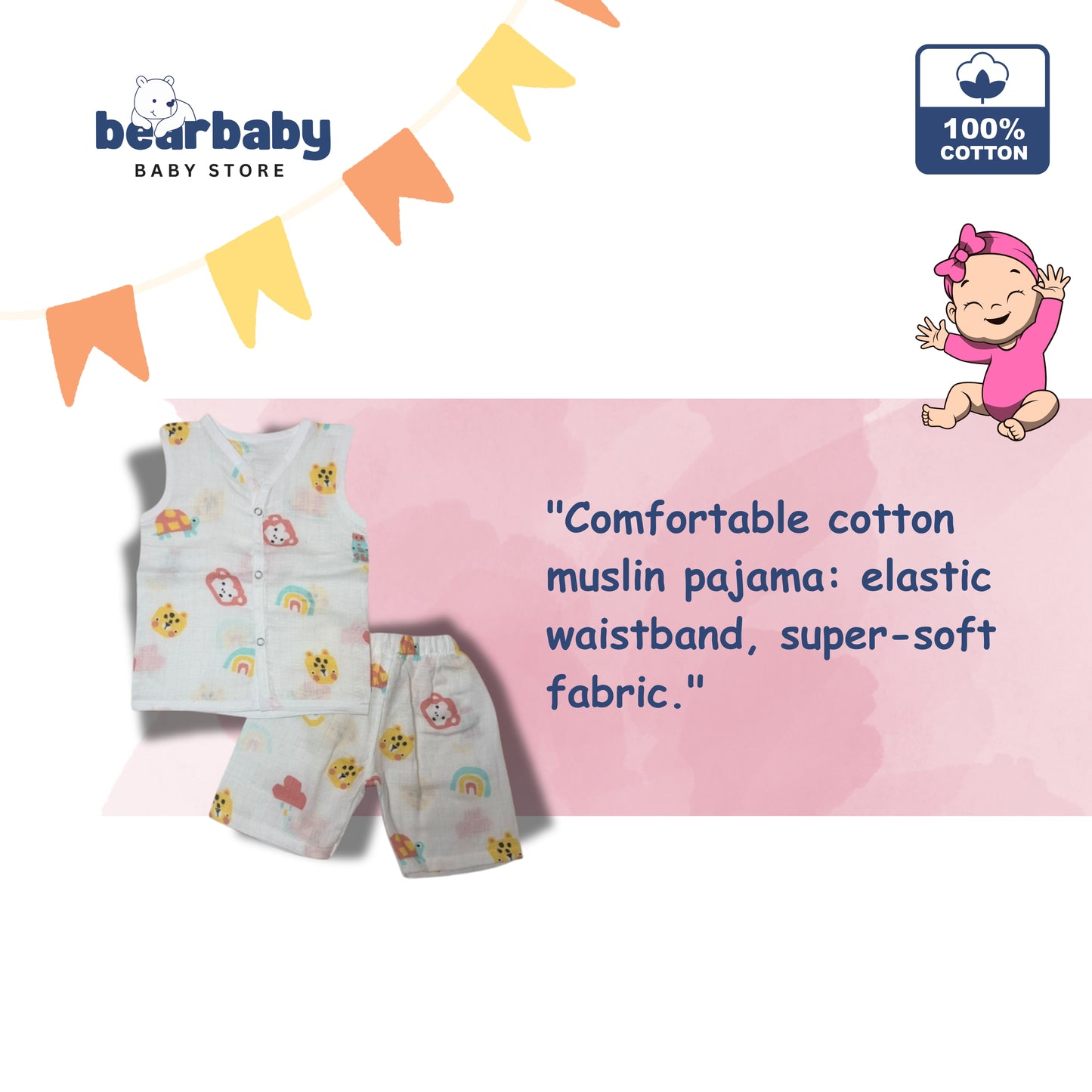 Baby Unisex Organic Cotton Muslin Sleevless Jhabla & Payjama Set - Size 3m-6m-Monkey Print