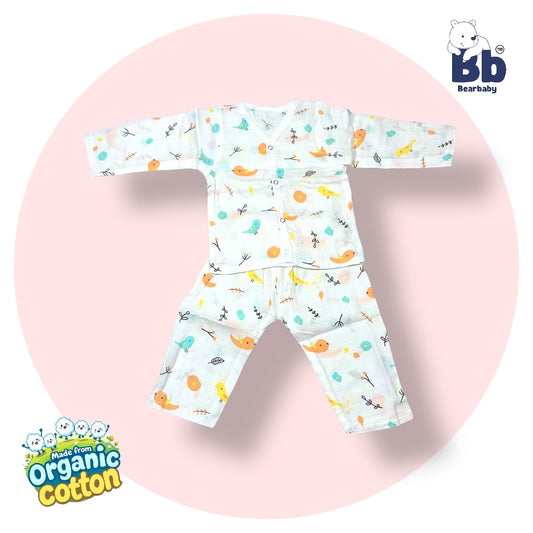 Baby Unisex Organic Cotton Muslin Full Sleeves Jhabla & Payjama Set - Size 6m-9m-Bird Print