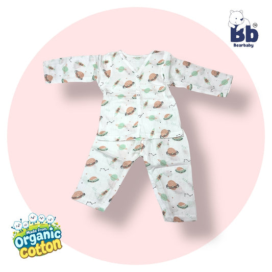 Baby Unisex Organic Cotton Muslin Full Sleeves Jhabla & Payjama Set - Size 6m-9m-Print2