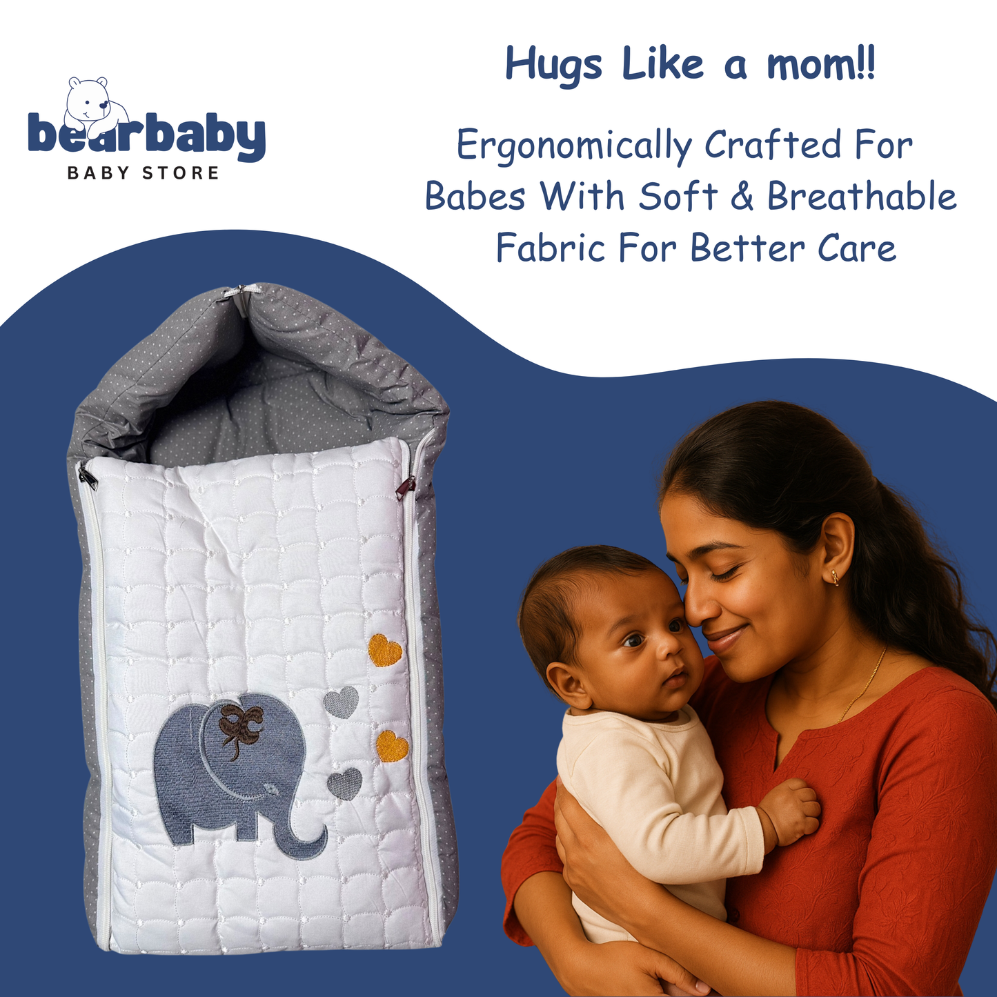 Embroidery Premium Baby Sleeping Bag/ Carry Nest/Mattress/Elephant Print