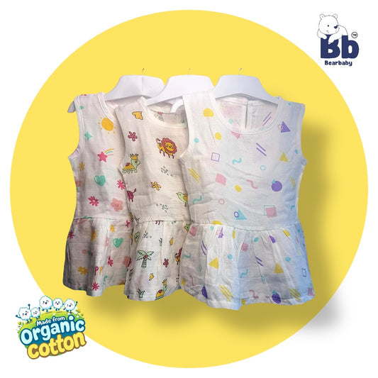 Baby Girl Organic Cotton Sleeveless Frock-Size6M-12M-Combo Pack of 3-Assorted Prints 3