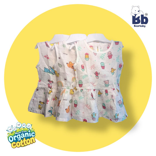 Baby Girl Organic Cotton Sleeveless Frock-Size6M-12M-Combo Pack of 3-Assorted Prints 4