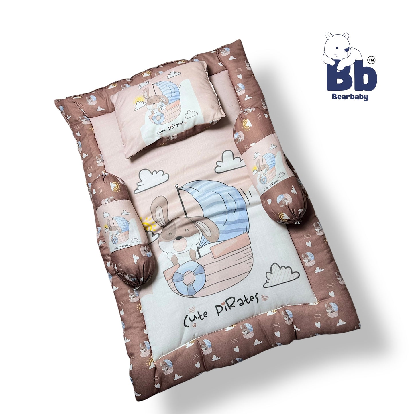 BearBaby Premium Embroidery Cotton Bedding Set | Baby Mattress with Bolster Set & Free Pillow | Soft & Washable Newborn Bedding (0–12 Months) BROWN