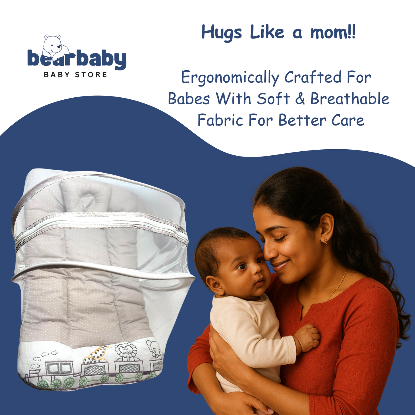 Premium EmbroideryBaby Bed with Thick Mattress & Mosquito Net & Neck Pillowwith Zip Closure