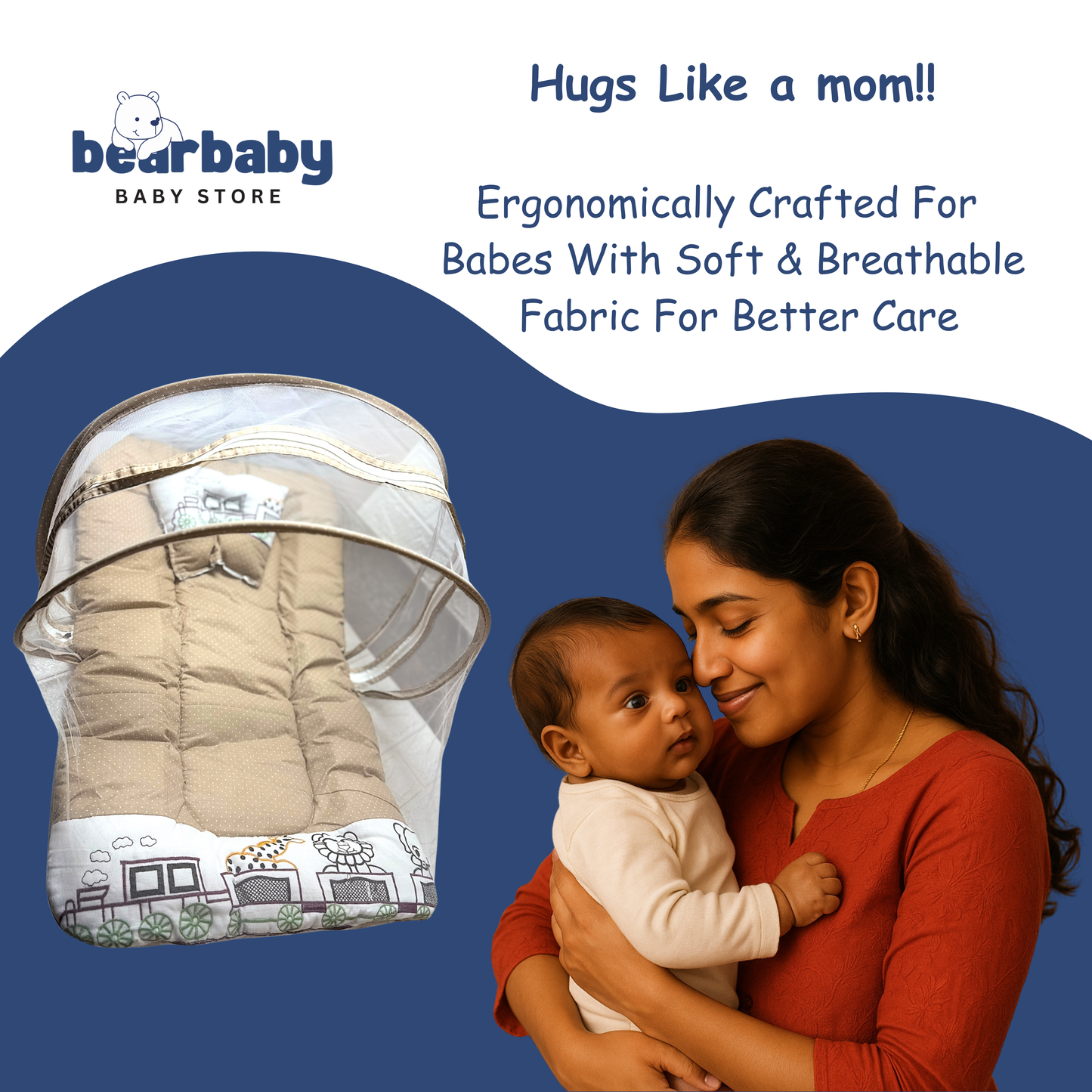 Premium EmbroideryBaby Bed with Thick Mattress & Mosquito Net & Neck Pillowwith Zip Closure