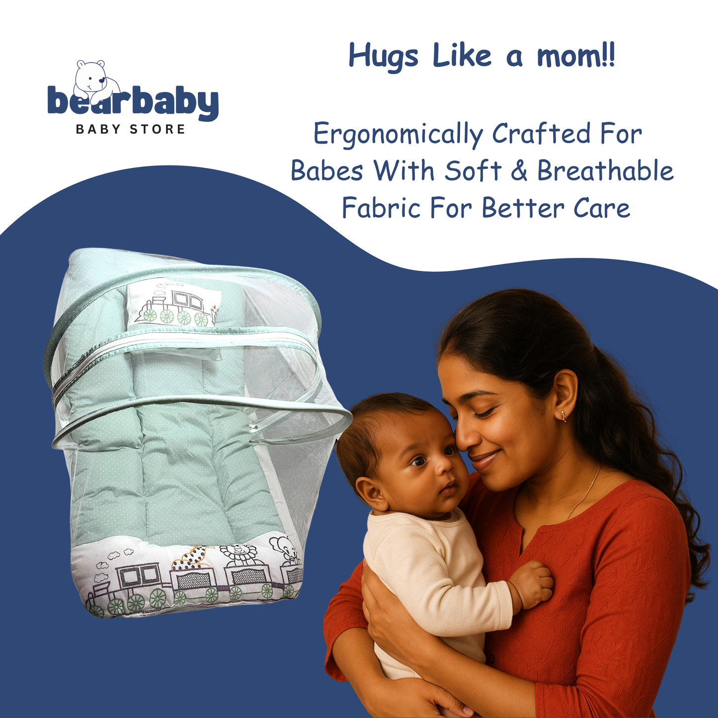 Premium EmbroideryBaby Bed with Thick Mattress & Mosquito Net & Neck Pillowwith Zip Closure