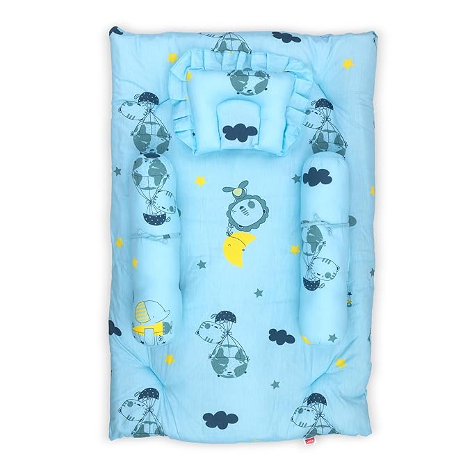 Infant Gadda/Mattress Set for Babies, 86x56cm / 33inchx22inch, with 2 Bolsters & Pillow, Made in Soft Premium Cotton for Newborns, 4Pieces, 0-2 Years - - Blue Pilot Print