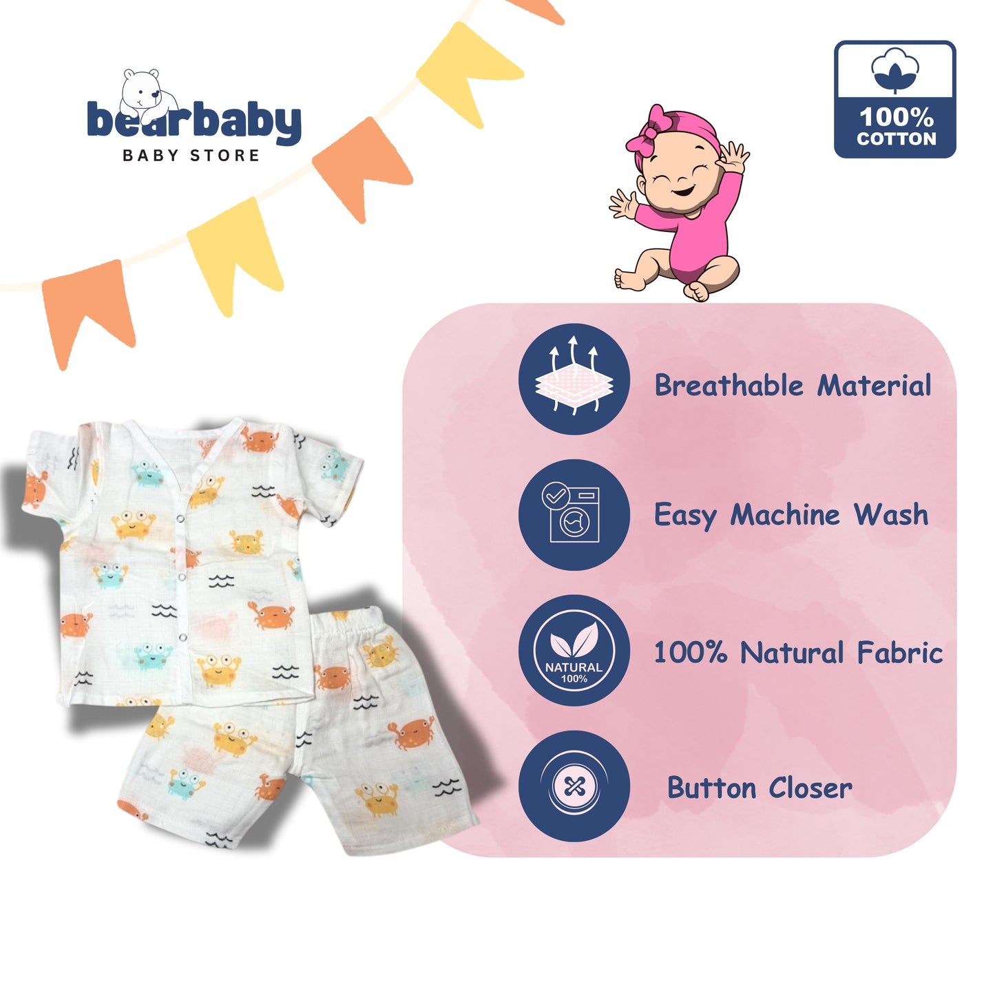 Baby Unisex Organic Cotton Muslin Half Sleeves Jhabla & Payjama Set - Size 6m-9m-Crab Print