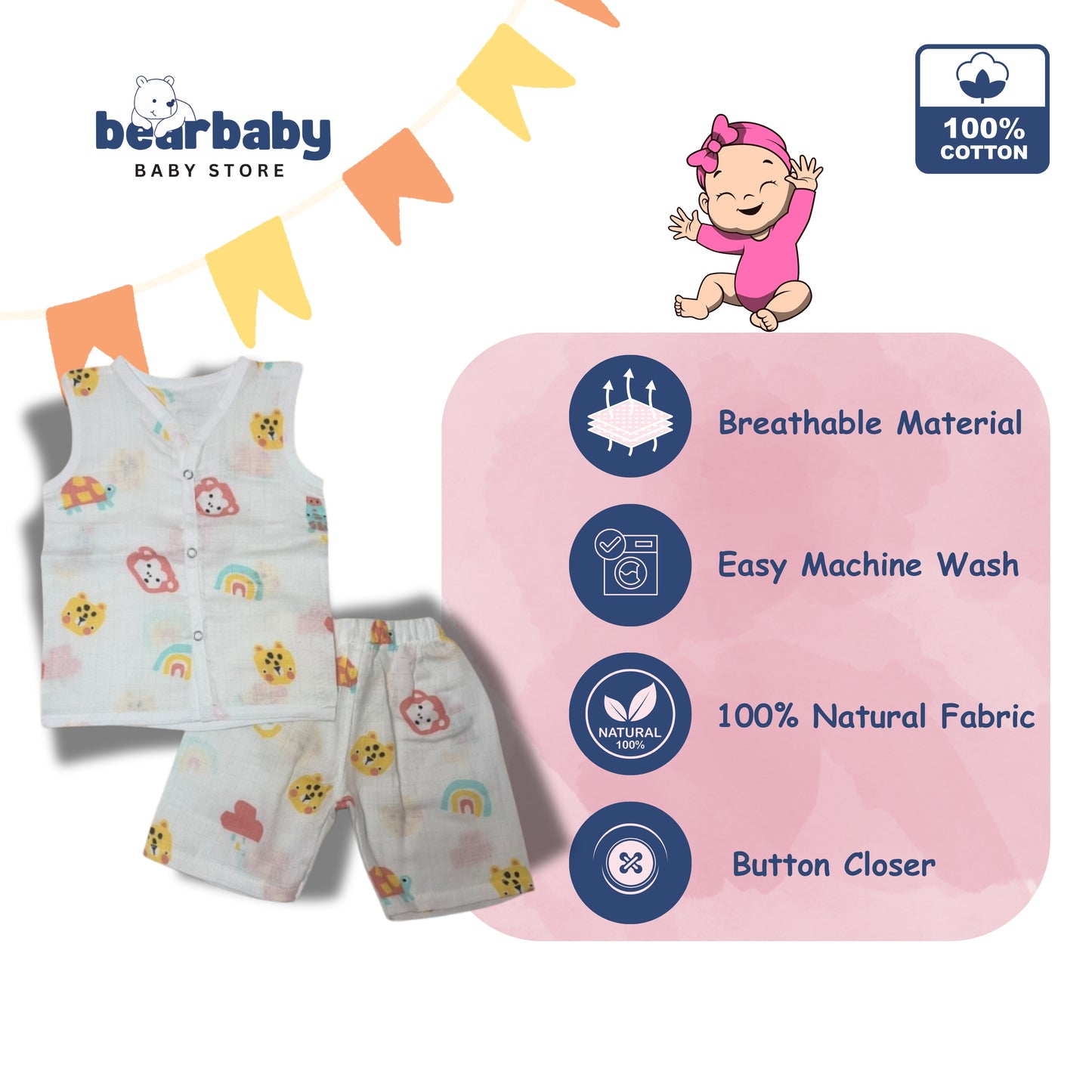 Baby Unisex Organic Cotton Muslin Sleevless Jhabla & Payjama Set - Size 3m-6m-Monkey Print
