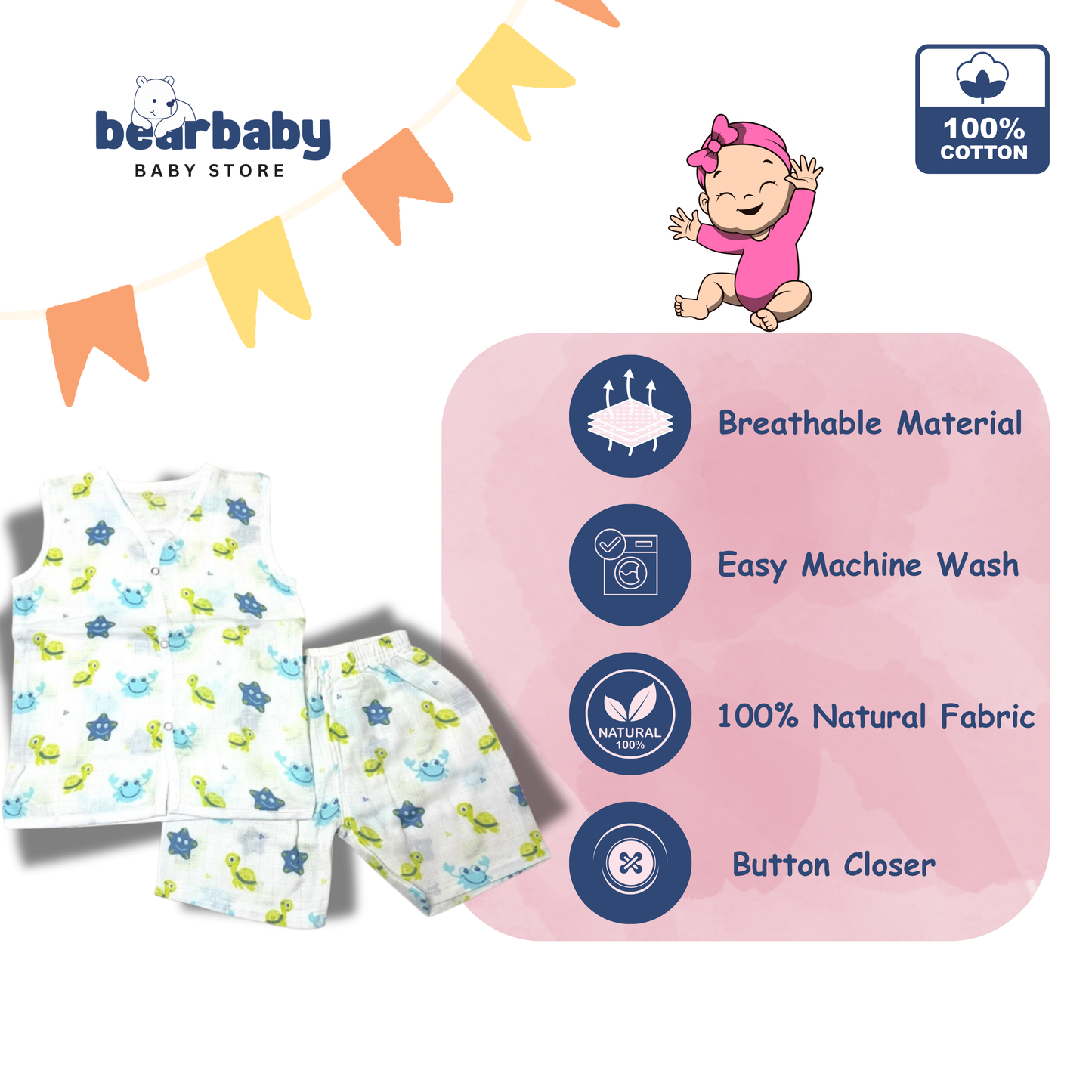 Baby Unisex Organic Cotton Muslin Sleevless Jhabla & Payjama Set - Size 9m-12m-Star Print