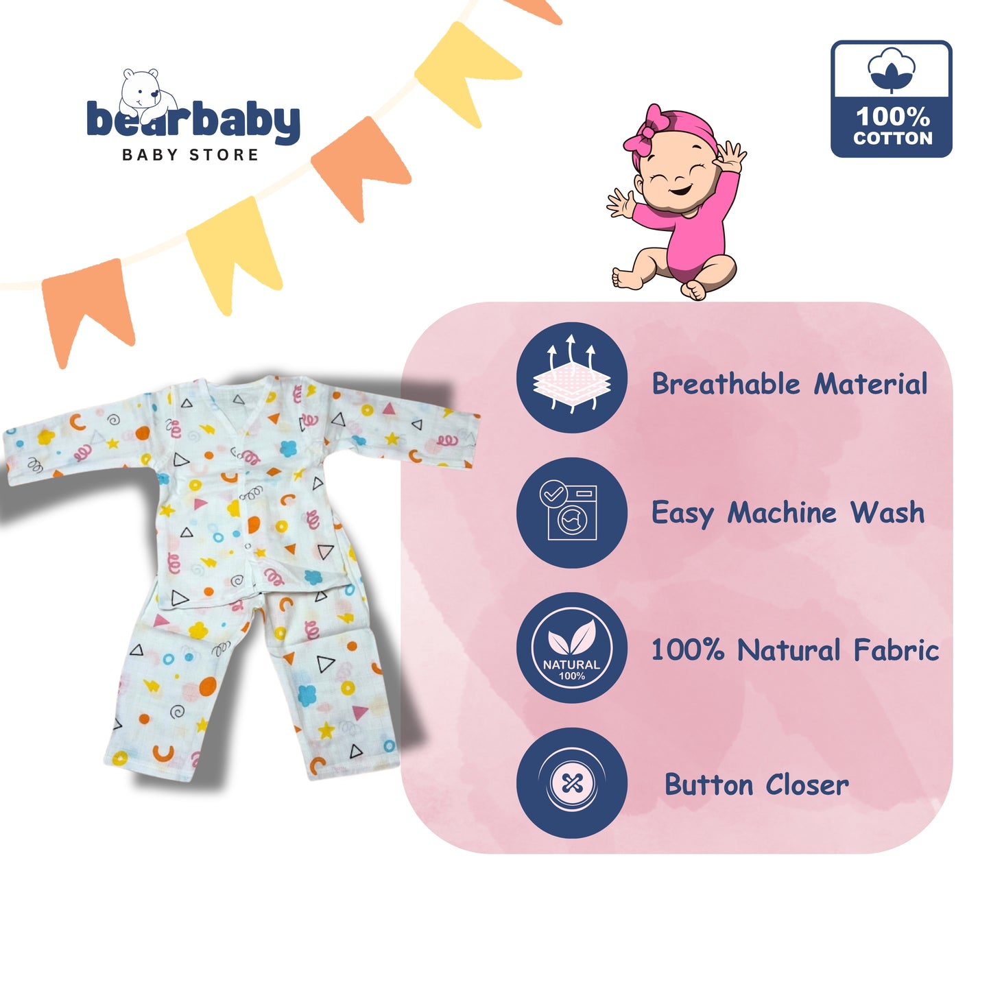 Baby Unisex Organic Cotton Muslin Full Sleeves Jhabla & Payjama Set - Size 9m-12m-Shape Pattern