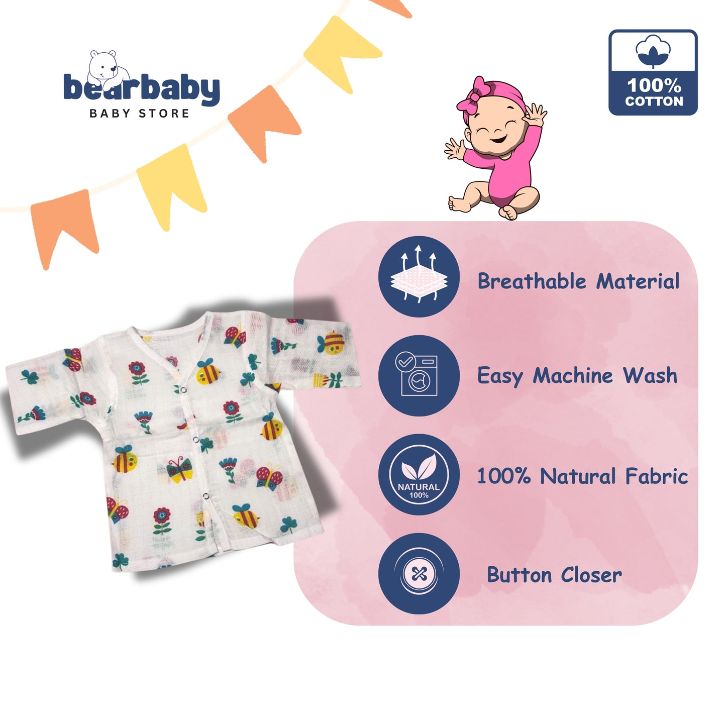 Baby Unisex Organic Cotton Muslin Full Sleeves Jhabla & Payjama Set - Size 6m-9m-Bee Print
