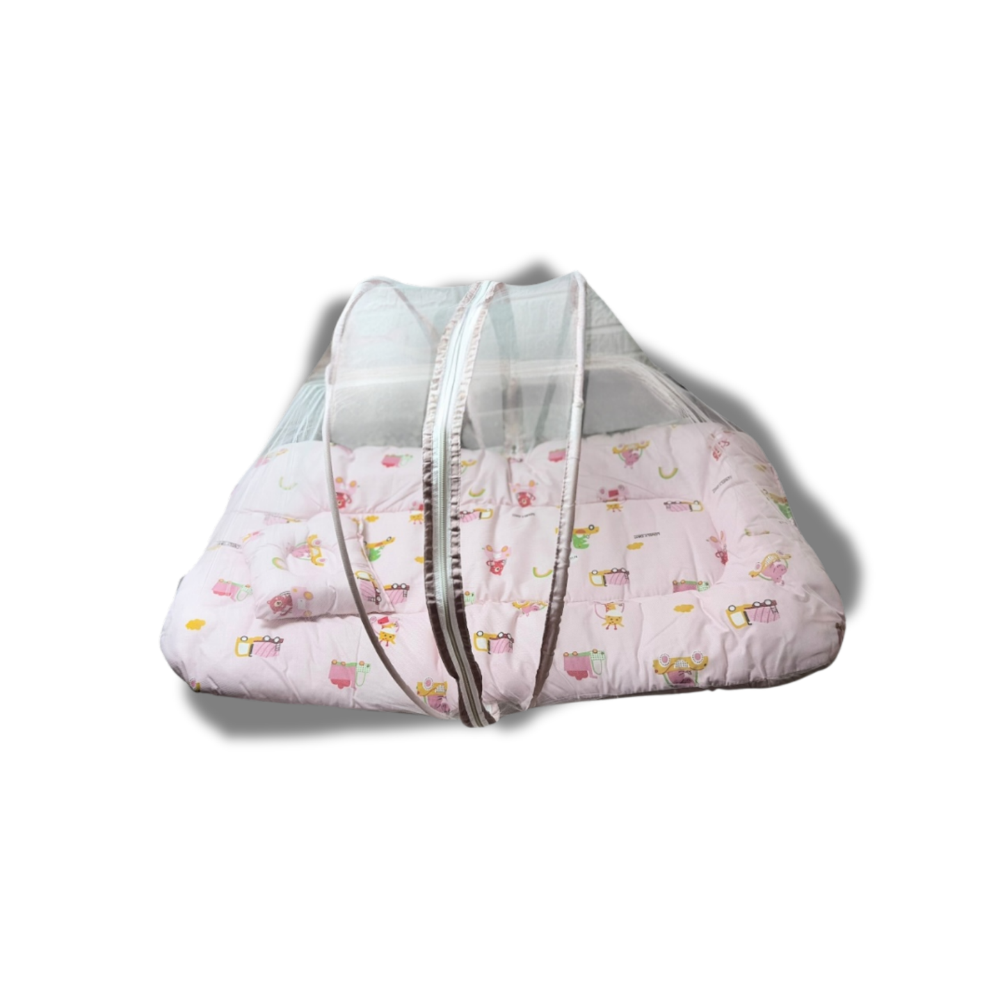 Baby Bed with Thick Mattress & Mosquito Net & Neck Pillowwith Zip Closure-Animal Print