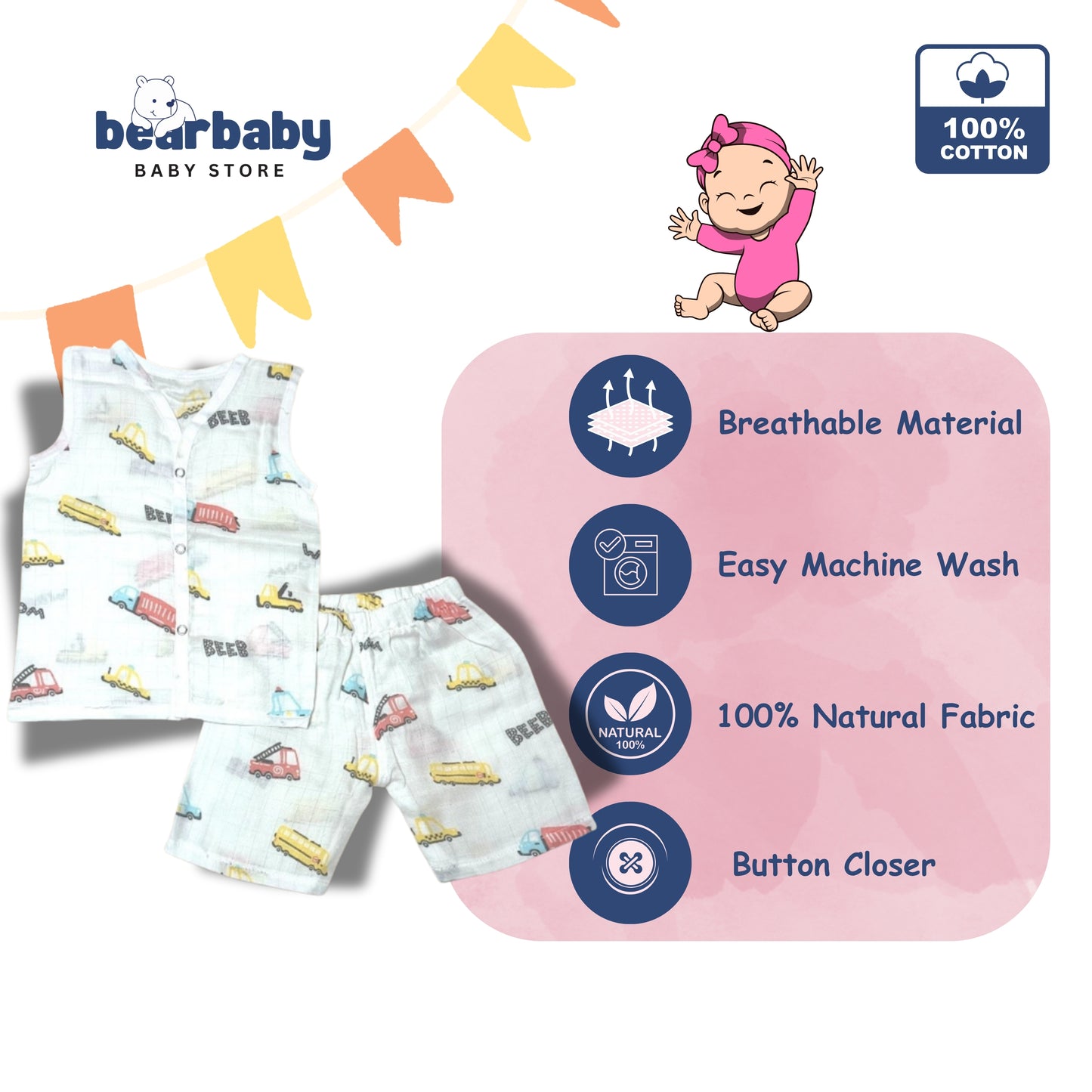 Baby Unisex Organic Cotton Muslin Sleevless Jhabla & Payjama Set - Size 3m-6m-Truck Print