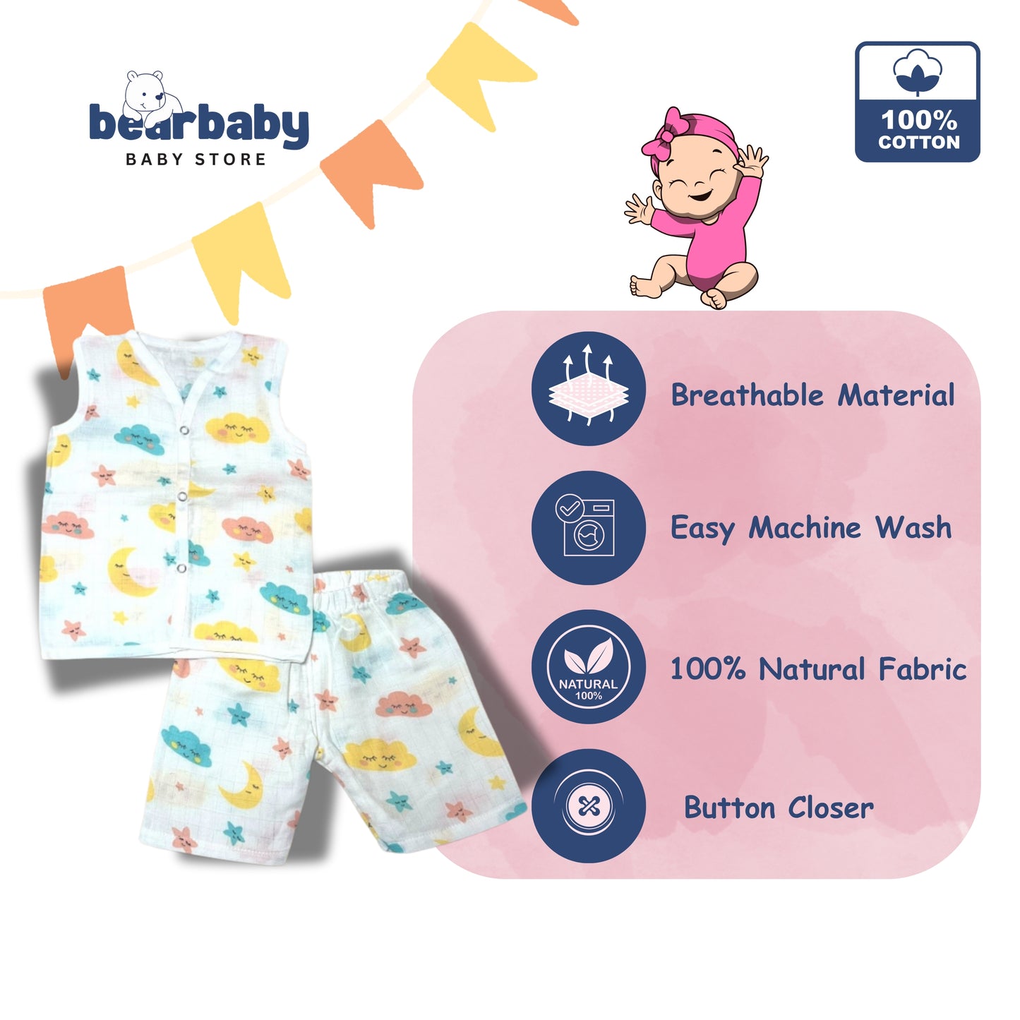 Baby Unisex Organic Cotton Muslin Sleevless Jhabla & Payjama Set - Size 3m-6m-cloud Print