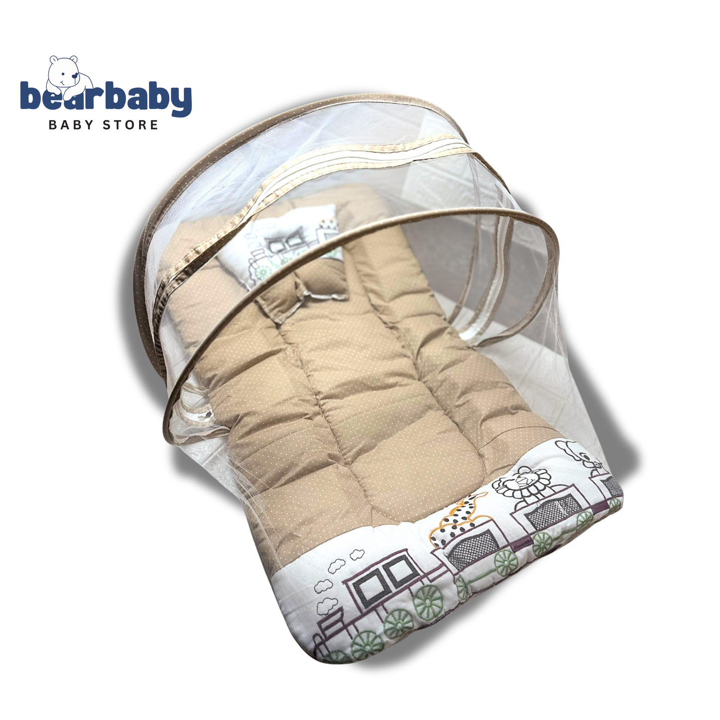 Premium EmbroideryBaby Bed with Thick Mattress & Mosquito Net & Neck Pillowwith Zip Closure