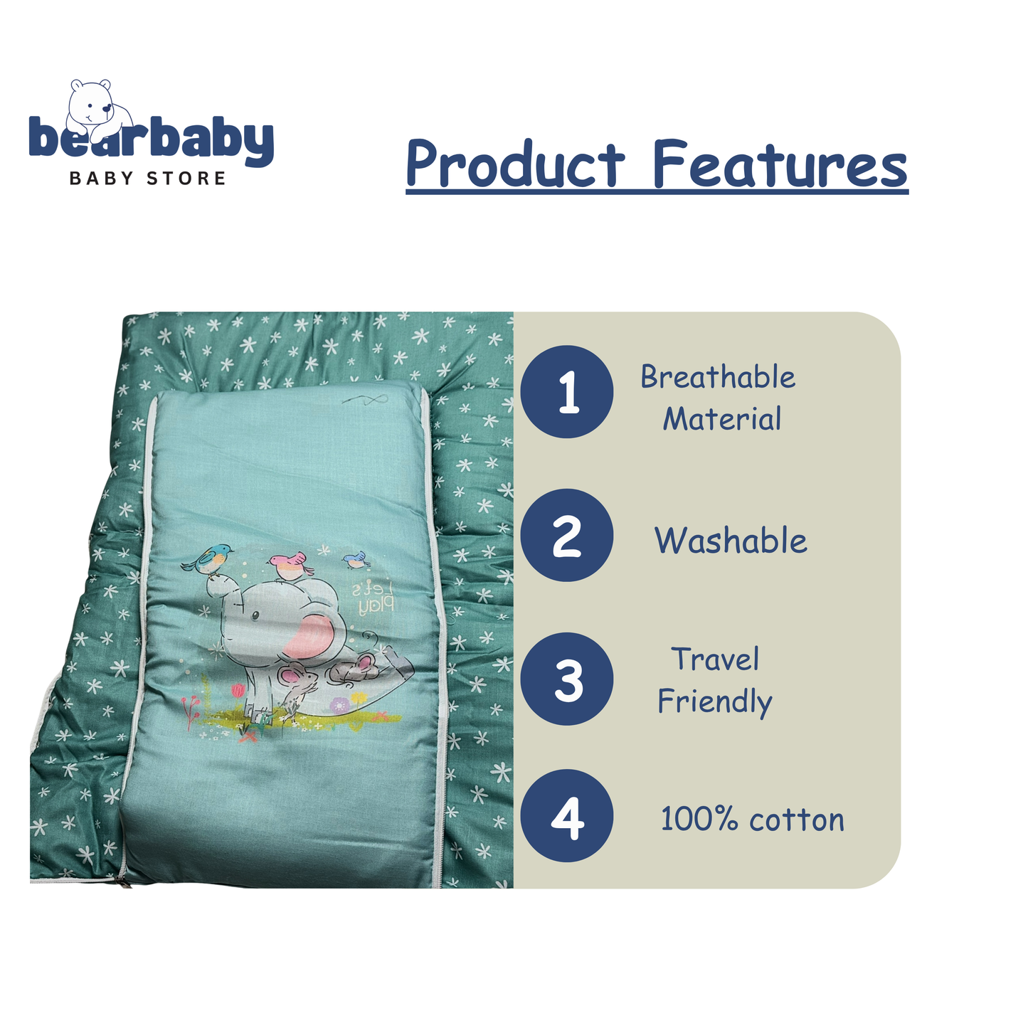 3in 1 Baby Bed Sleeping Bag & Carry Nest Infant Portable Bassinet for Baby Carrying-Elephant Print