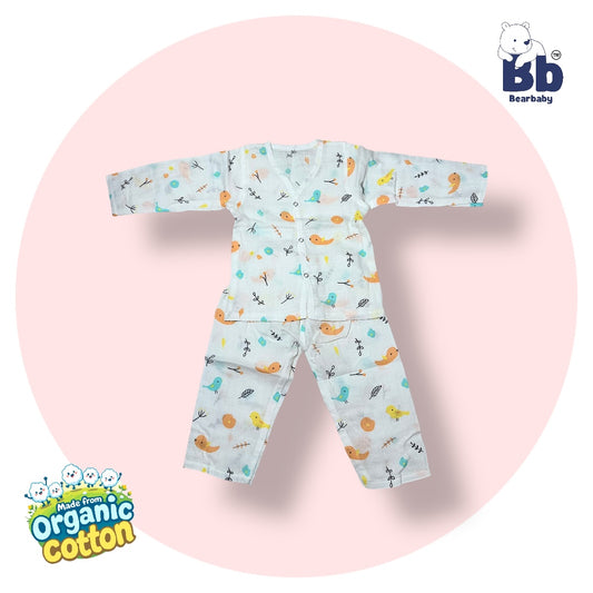 Baby Unisex Organic Cotton Muslin Full Sleeves Jhabla & Payjama Set - Size 9m-12m-Bird Print