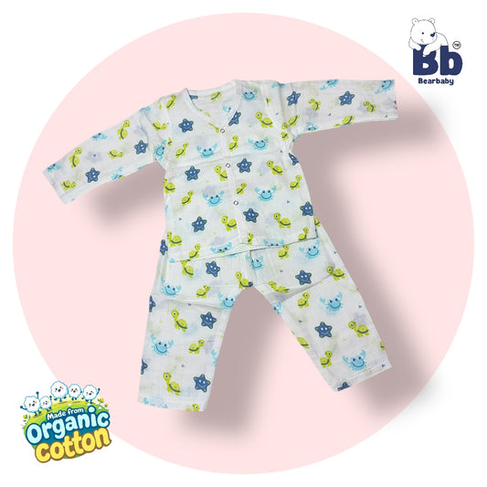 Baby Unisex Organic Cotton Muslin Full Sleeves Jhabla & Payjama Set - Size 9m-12m-Trutle Print