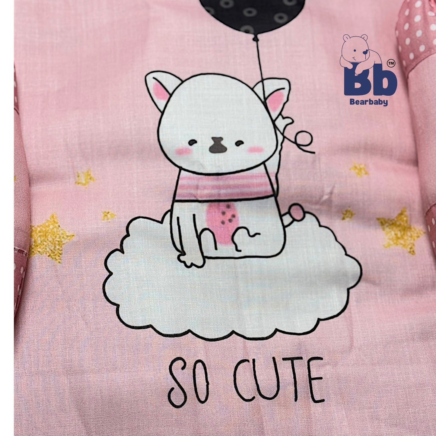 BearBaby Premium Embroidery Cotton Bedding Set | Baby Mattress with Bolster Set & Free Pillow | Soft & Washable Newborn Bedding (0–12 Months) PINK