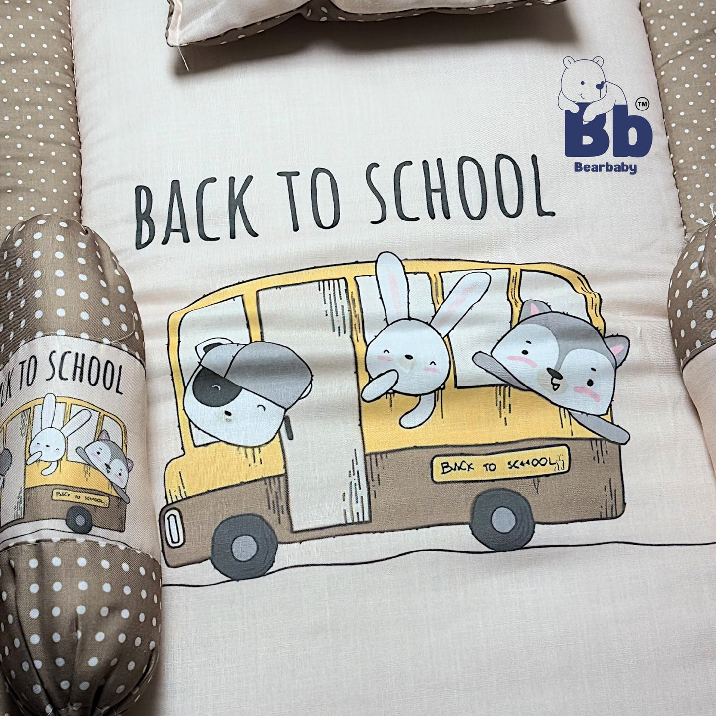 BearBaby Premium Embroidery Cotton Bedding Set | Baby Mattress with Bolster Set & Free Pillow | Soft & Washable Newborn Bedding (0–12 Months) DARK BEIGE