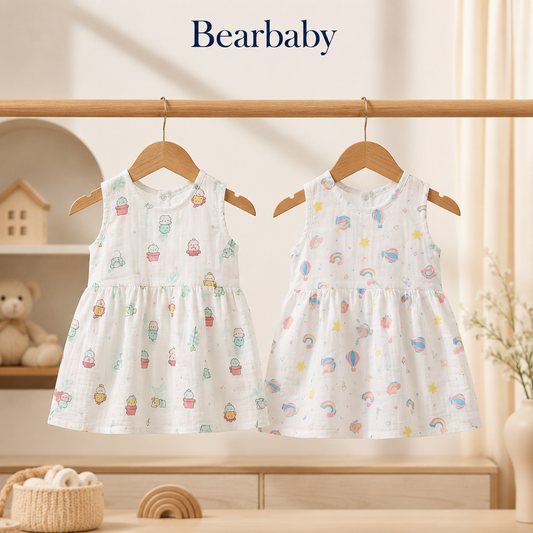 Bearbaby Pack of 2 Sleeveless Baby Girl Frocks in Soft Breathable Cotton with Space Theme and Lion Print for Newborns and Infants