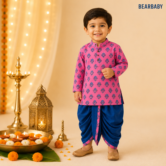 Bearbaby Gulabi Rani Buti Heritage premium cotton baby boys kurta dhoti set with matching blue dhoti for newborn infant toddler festive ethnic wear