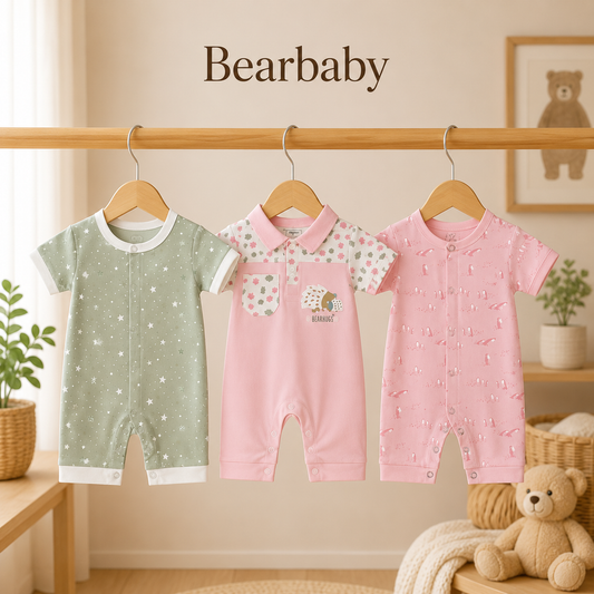 Organic Cotton Baby Onesie Combo Pack by Bearbaby with White Floral Print and Pink Star Print Rompers