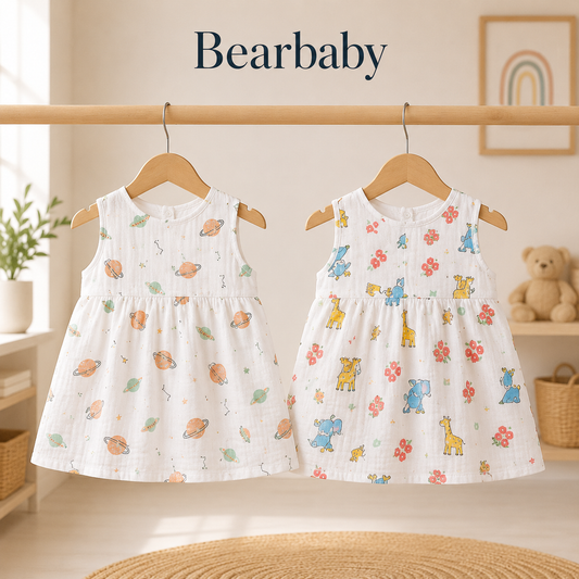 Breathable Cotton Baby Girl Frock Combo Pack with Colorful Balloon and Nature-Inspired Leaf Prints