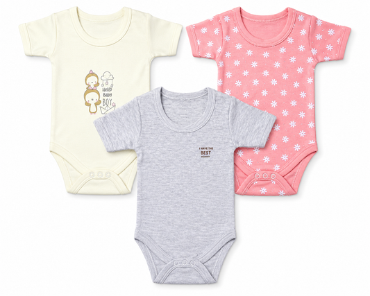 Premium baby outfit combo pack of 3 for 6M-9M babies with assorted prints