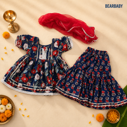Bearbaby Rajwadi Neel Pushp Vatika premium cotton baby girls floral sharara suit set with matching dupatta for newborn to 3 years.