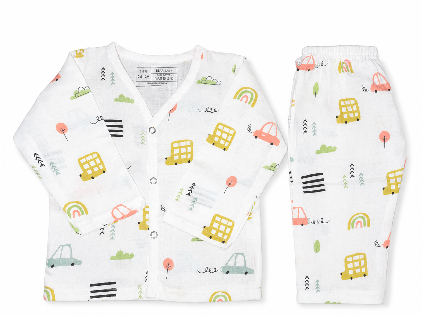 Bearbaby Premium Baby Nightwear Set with Front Open Full Sleeve Top and Matching Muslin Cotton Pajamas