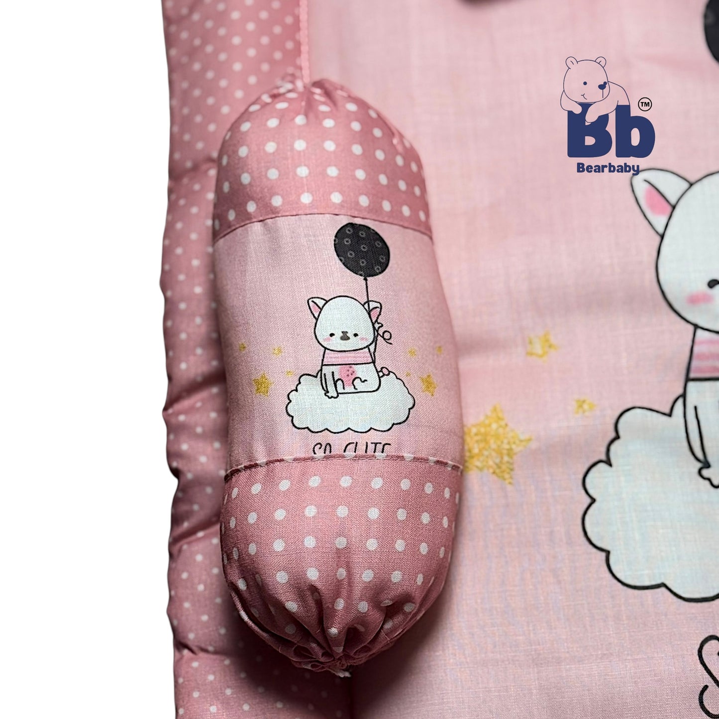 BearBaby Premium Embroidery Cotton Bedding Set | Baby Mattress with Bolster Set & Free Pillow | Soft & Washable Newborn Bedding (0–12 Months) PINK
