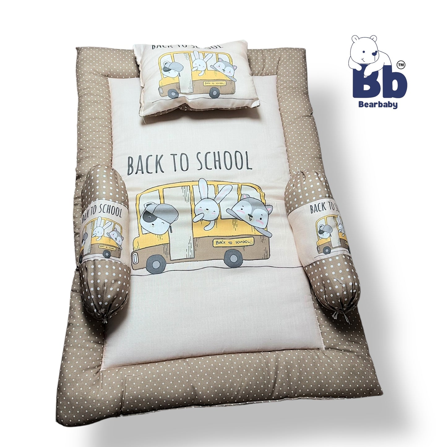 BearBaby Premium Embroidery Cotton Bedding Set | Baby Mattress with Bolster Set & Free Pillow | Soft & Washable Newborn Bedding (0–12 Months) DARK BEIGE