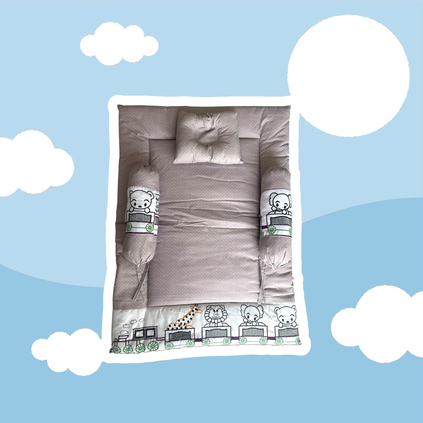 Premium Baby Cotton Mattress with 3 Pillow set/Embroidery Animals  Print/Size 0-6 Months