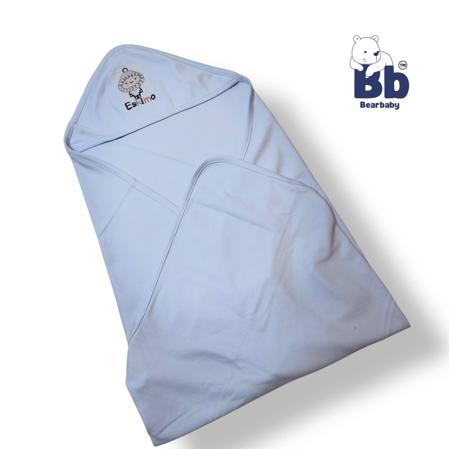 Cotton Knit Hooded Wrapper Size L 76 x B 76 cm -Eskimo Print Light Blue