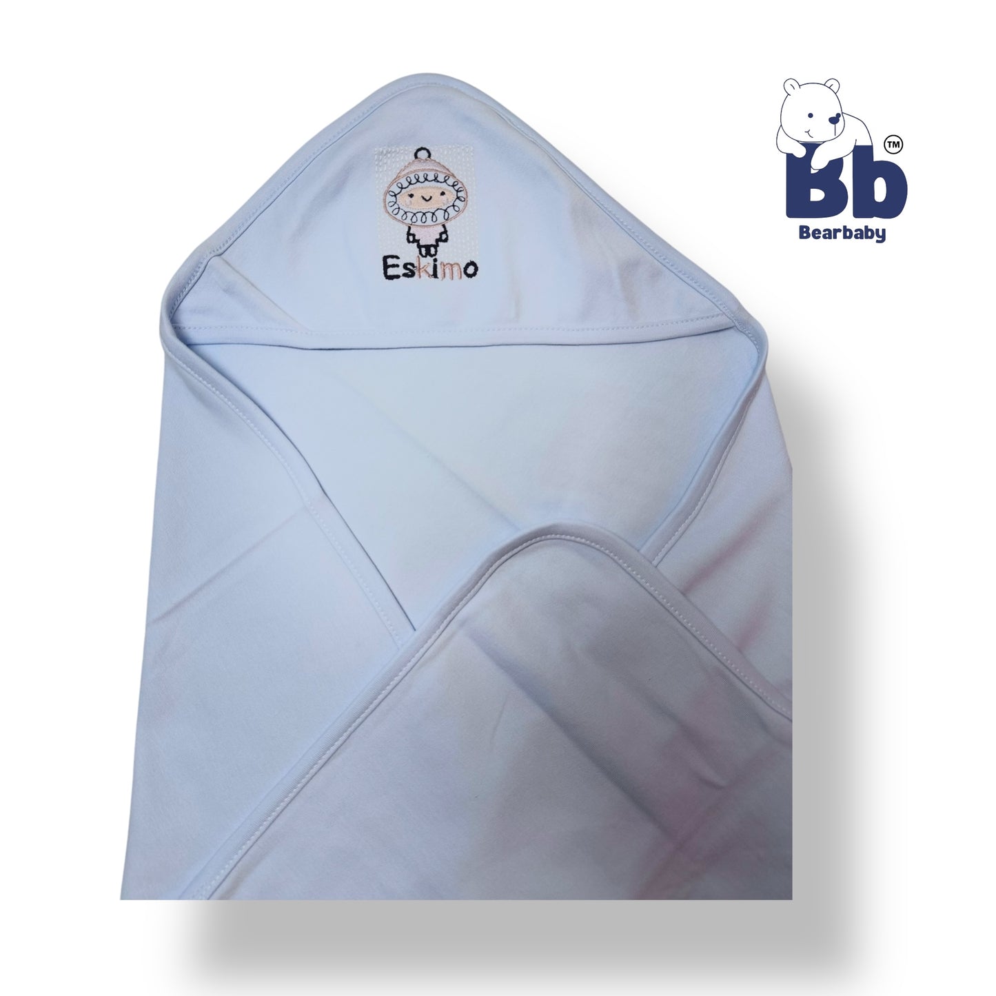 Cotton Knit Hooded Wrapper Size L 76 x B 76 cm -Eskimo Print Light Blue