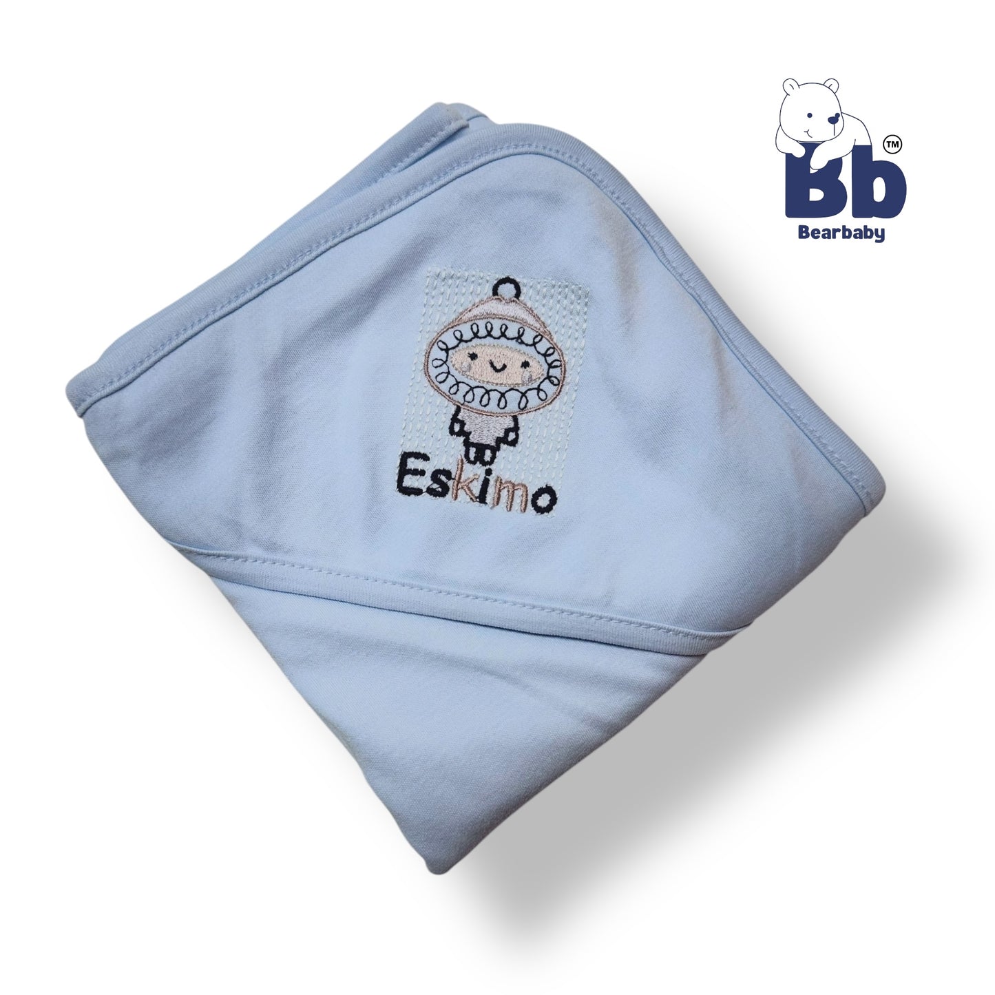 Cotton Knit Hooded Wrapper Size L 76 x B 76 cm -Eskimo Print Light Blue