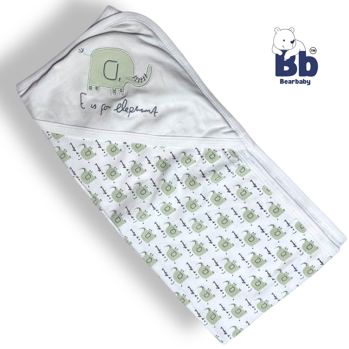 Cotton Knit Hooded Wrapper Size L 76 x B 76 cm - Elephant Print Green