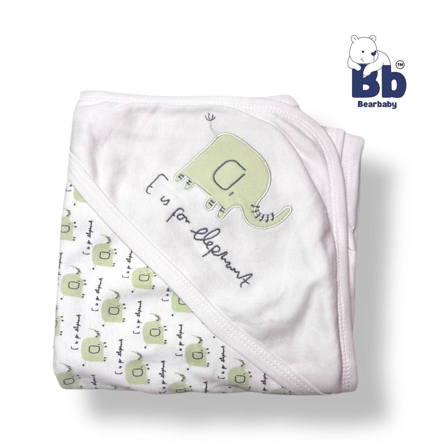 Cotton Knit Hooded Wrapper Size L 76 x B 76 cm - Elephant Print Green